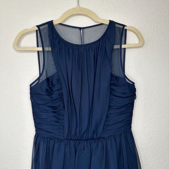 Hitherto Daylily Navy Sheer Shoulder Sleeveless Dress Ruched Side & Back Waist 0 - Picture 4 of 16